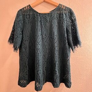 Banana Republic Teal Floral Lace Back Tie Bow Blouse Short Sleeve Top Size 8